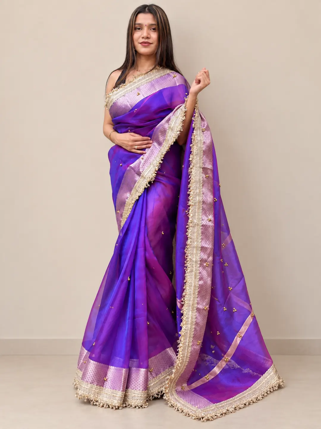 Purple Tissue Silk Banarasi Saree With Ghungru Work