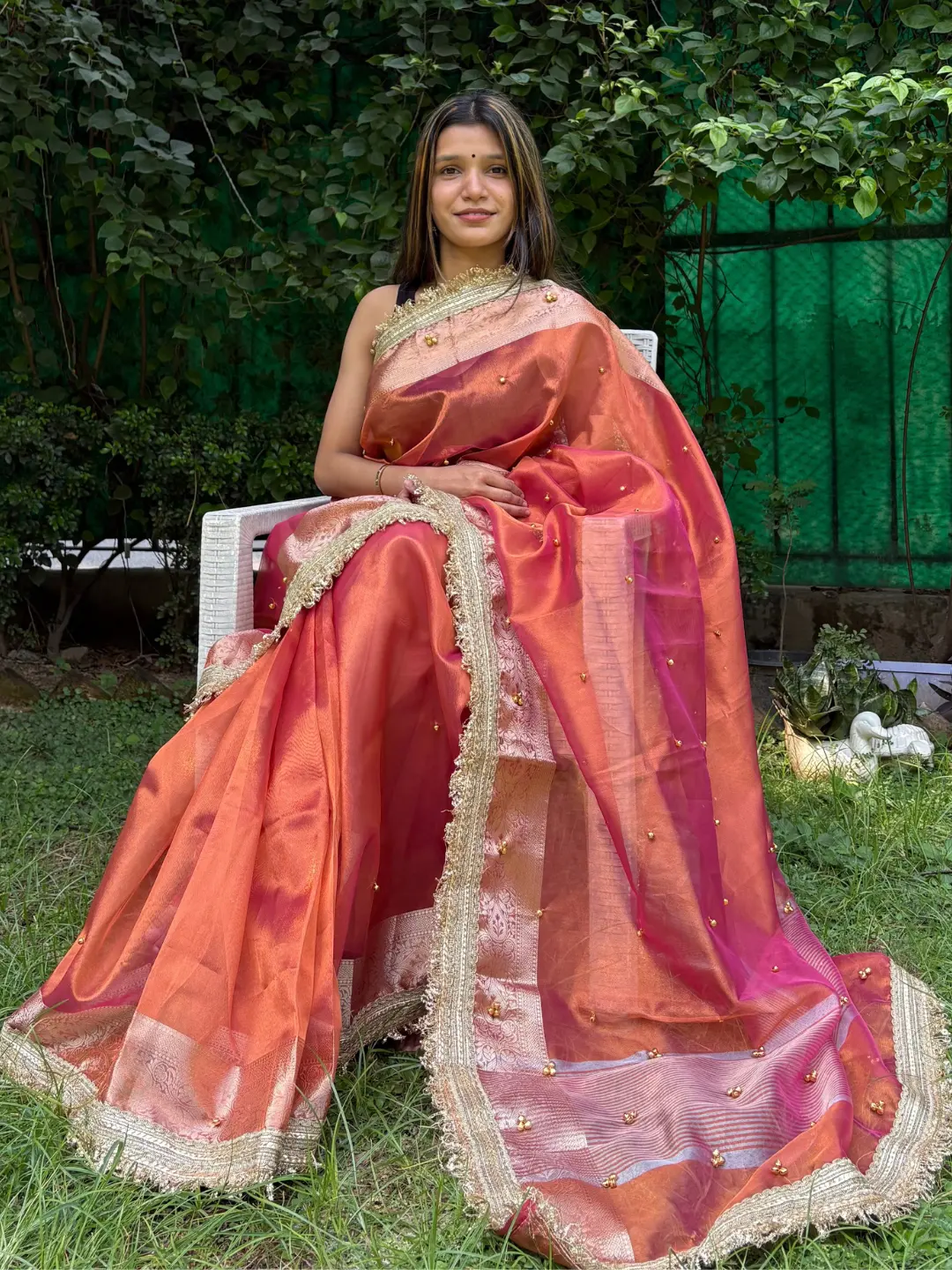 Orange Tissue Silk Banarasi Saree With Ghungru Work front view