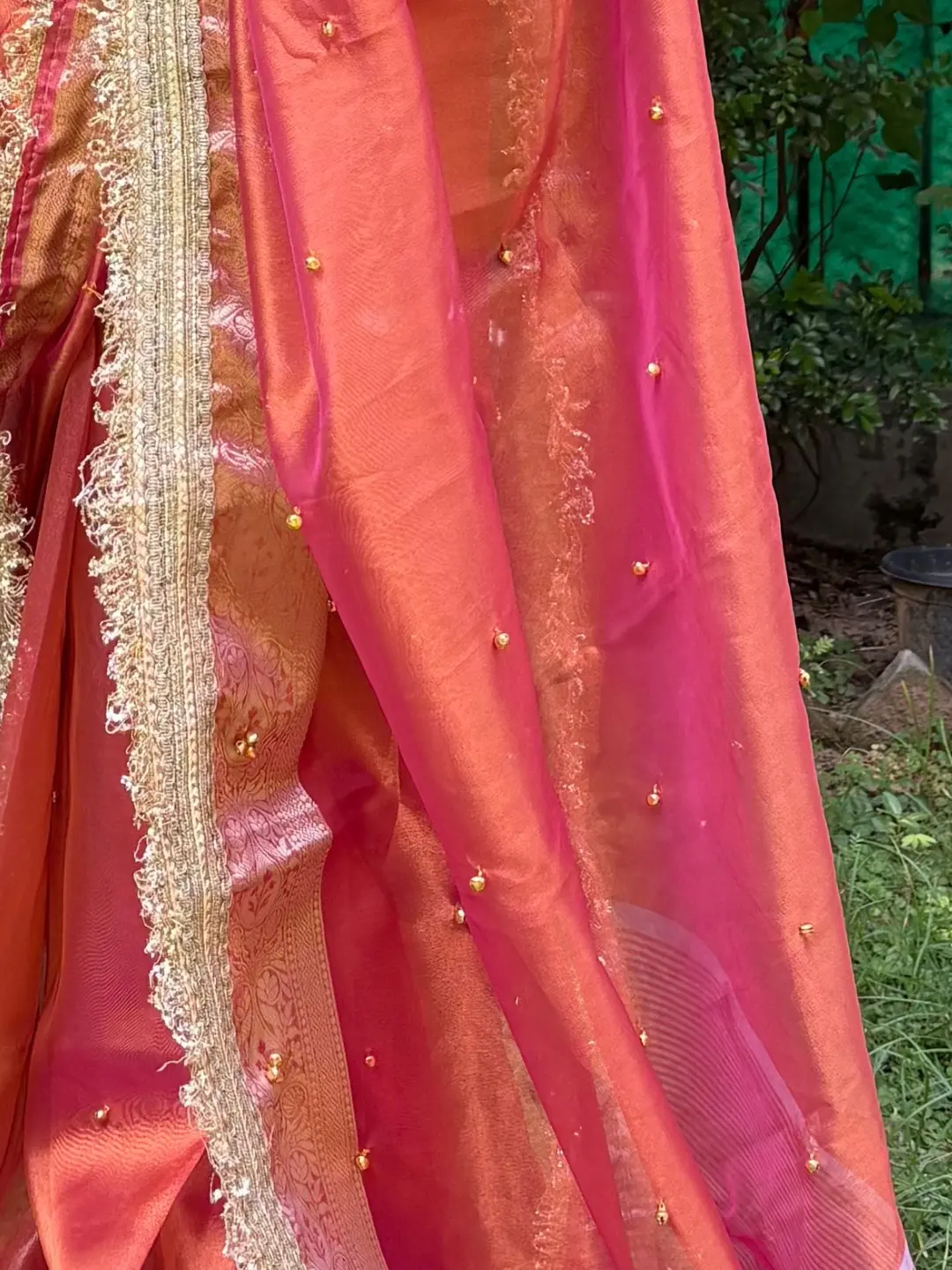 Orange Tissue Silk Banarasi Saree With Ghungru Work front view