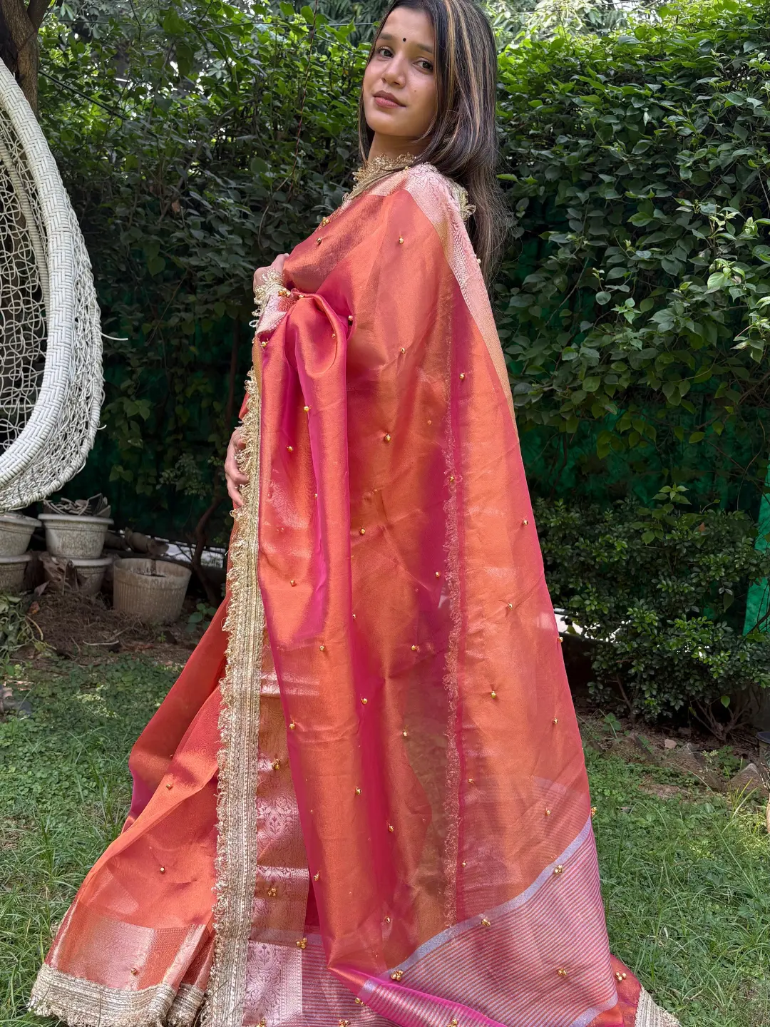 Orange Tissue Silk Banarasi Saree With Ghungru Work front view