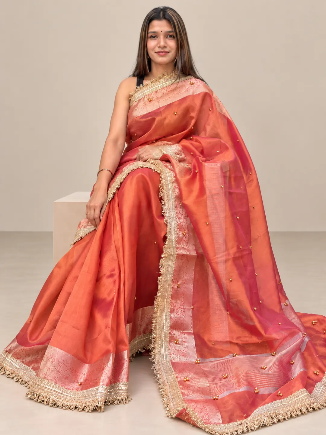 Orange Tissue Silk Banarasi Saree With Ghungru Work