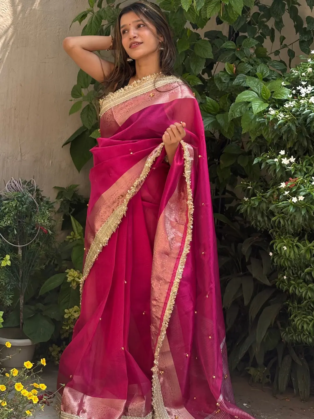 Pink Tissue Silk Banarasi Saree With Ghungru Work front view