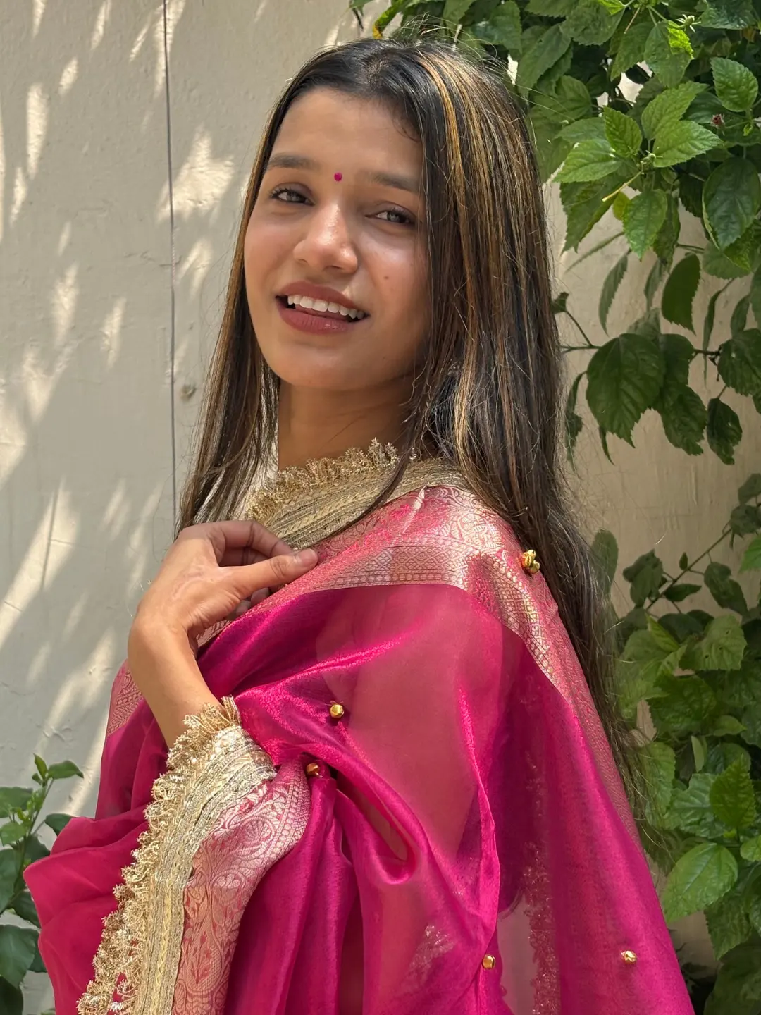 Pink Tissue Silk Banarasi Saree With Ghungru Work front view