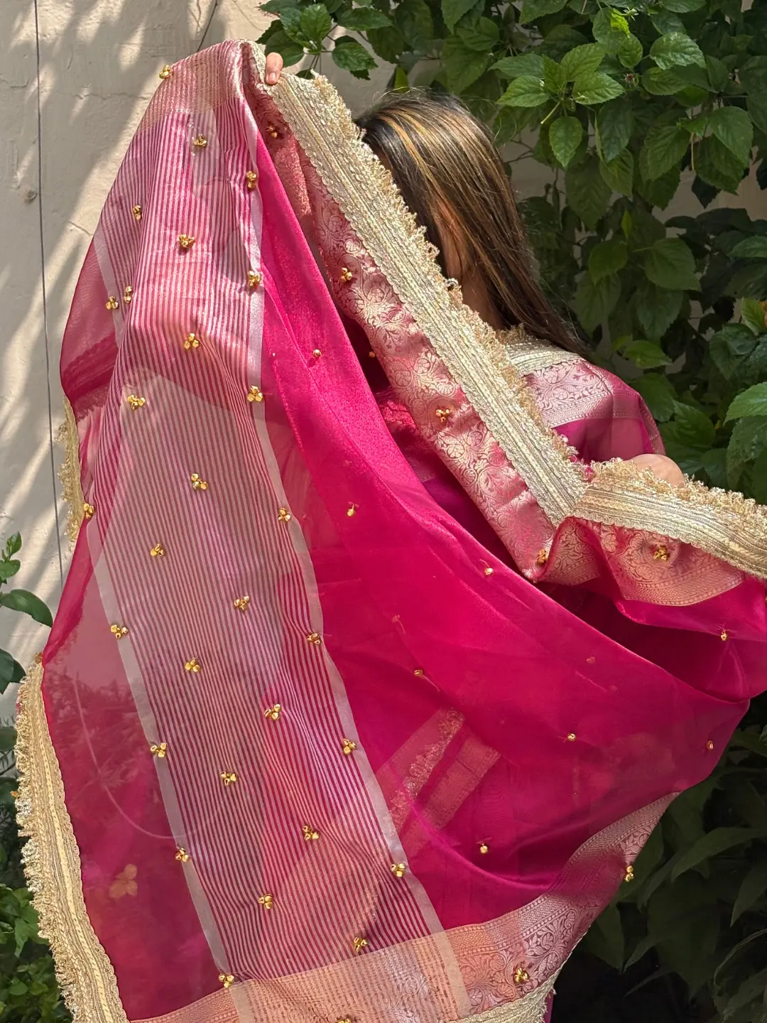Pink Tissue Silk Banarasi Saree With Ghungru Work front view