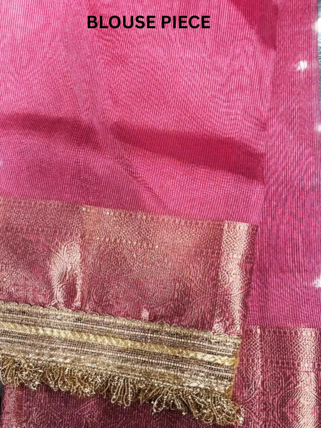 Pink Tissue Silk Banarasi Saree With Ghungru Work front view
