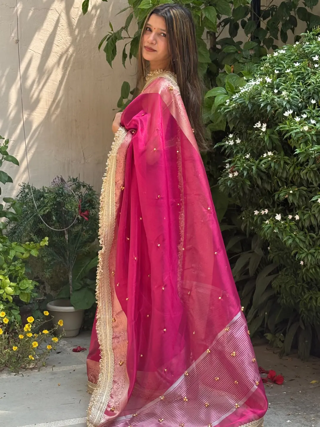 Pink Tissue Silk Banarasi Saree With Ghungru Work front view
