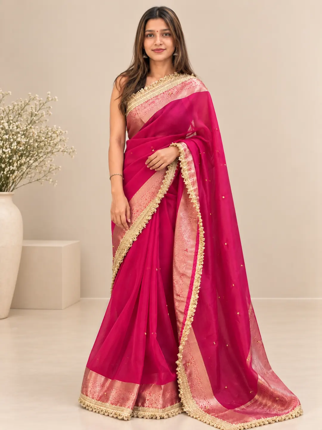 Pink Tissue Silk Banarasi Saree With Ghungru Work