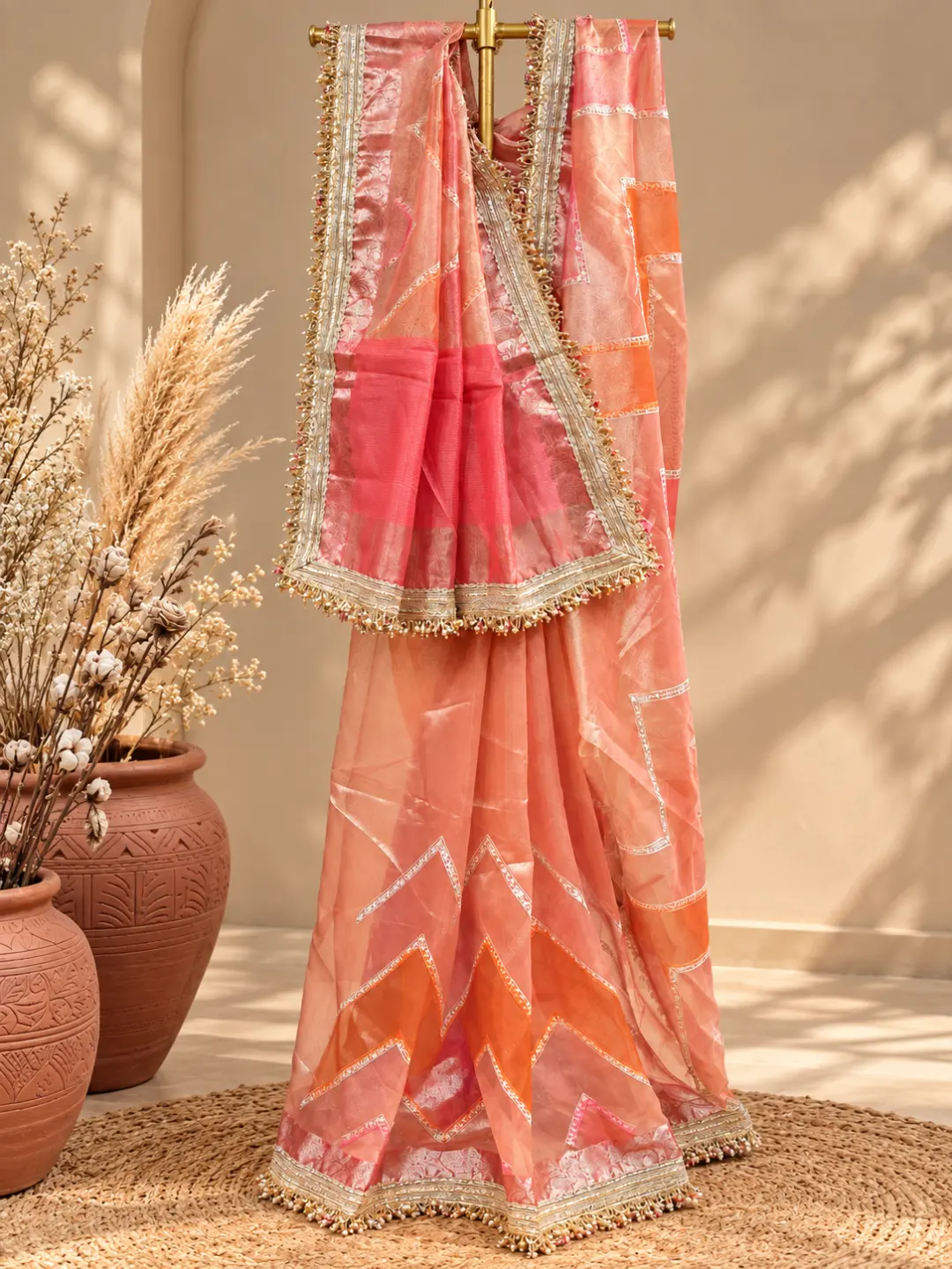 Orange Banarasi Tissue Silk Saree With Geometric Pattern