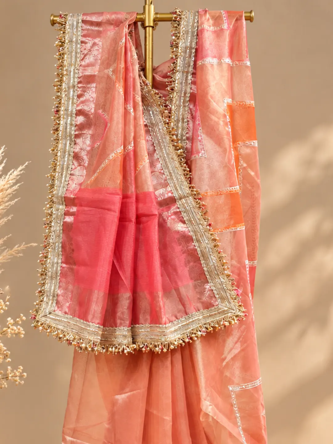  Orange Banarasi Tissue Silk Saree With Geometric Pattern Front view
