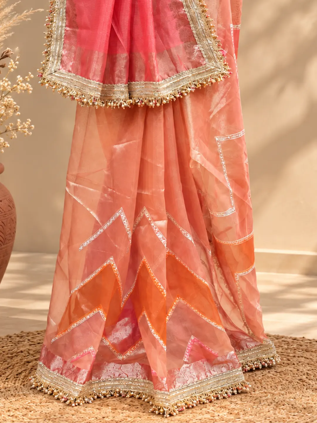  Orange Banarasi Tissue Silk Saree With Geometric Pattern Front view