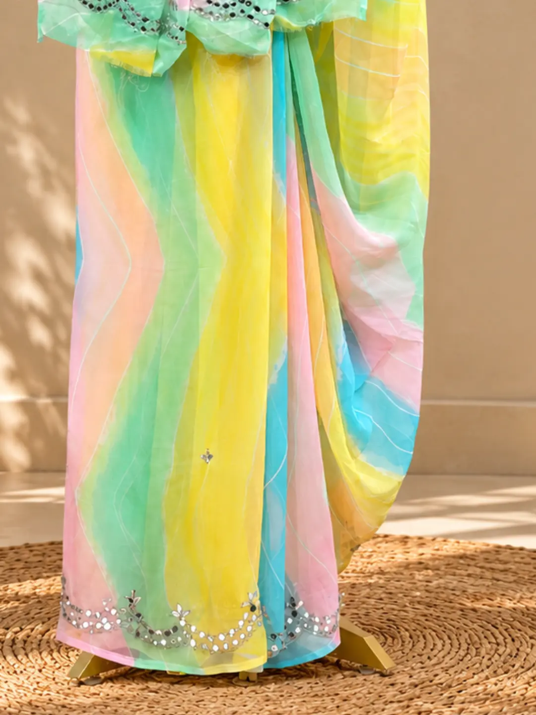  Multicolour Lahariya Georgette Saree With Mirror Work Front view