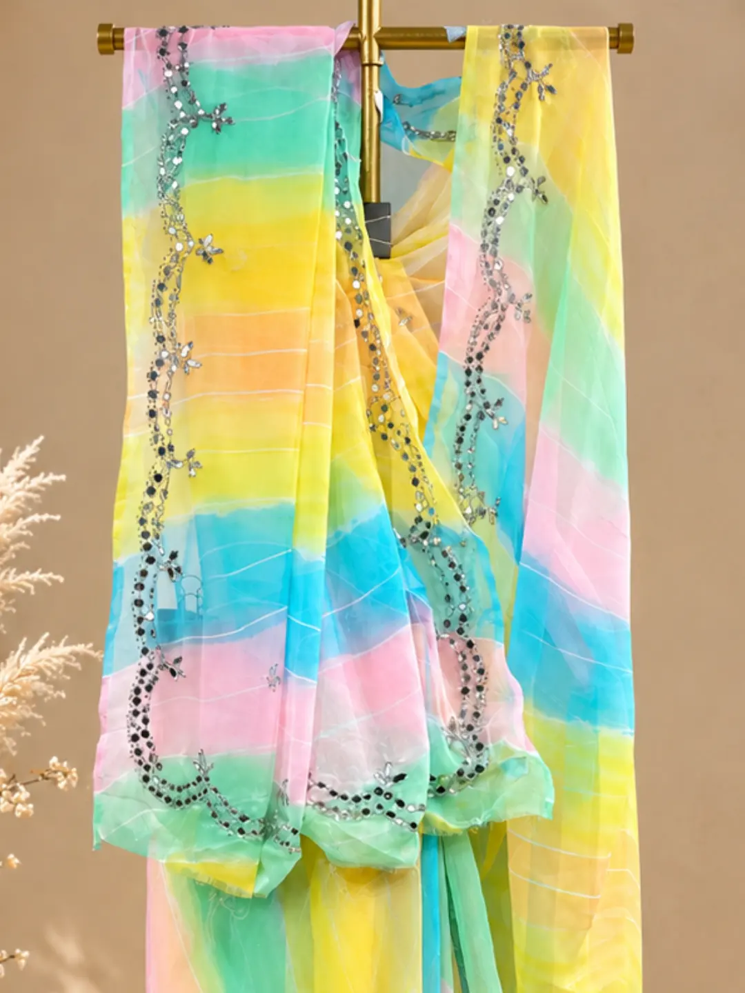  Multicolour Lahariya Georgette Saree With Mirror Work Front view