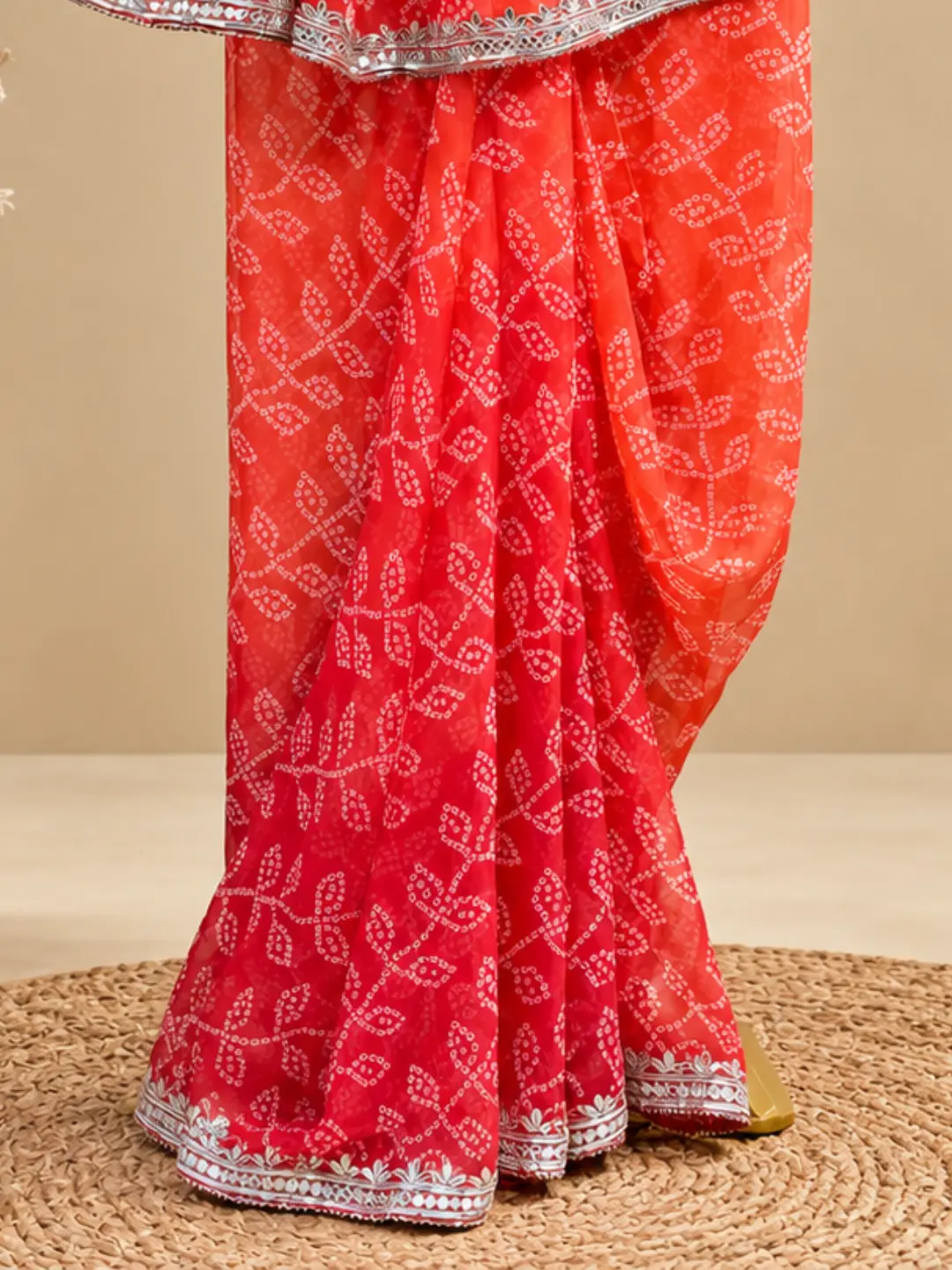  Orange Bandhani Print Georgette Saree Front view