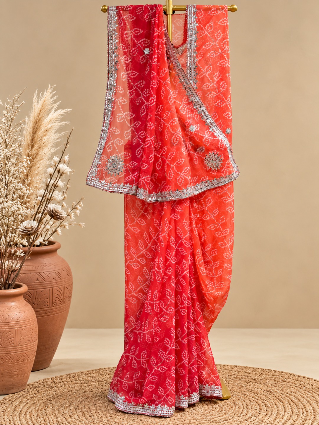 Orange Bandhani Print Georgette Saree