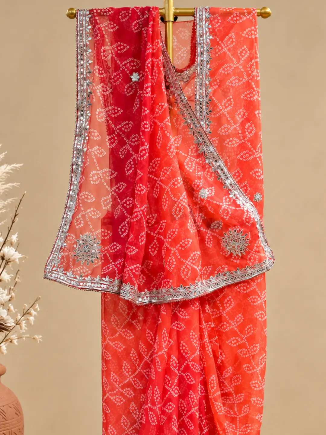  Orange Bandhani Print Georgette Saree Front view