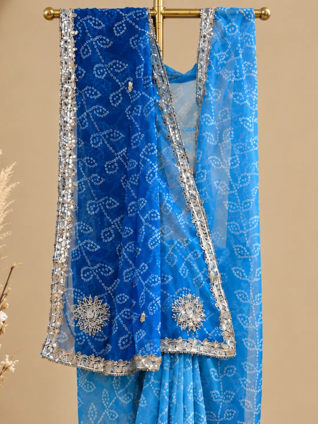  Blue Bandhani Style Georgette Saree With Silver Border Front view