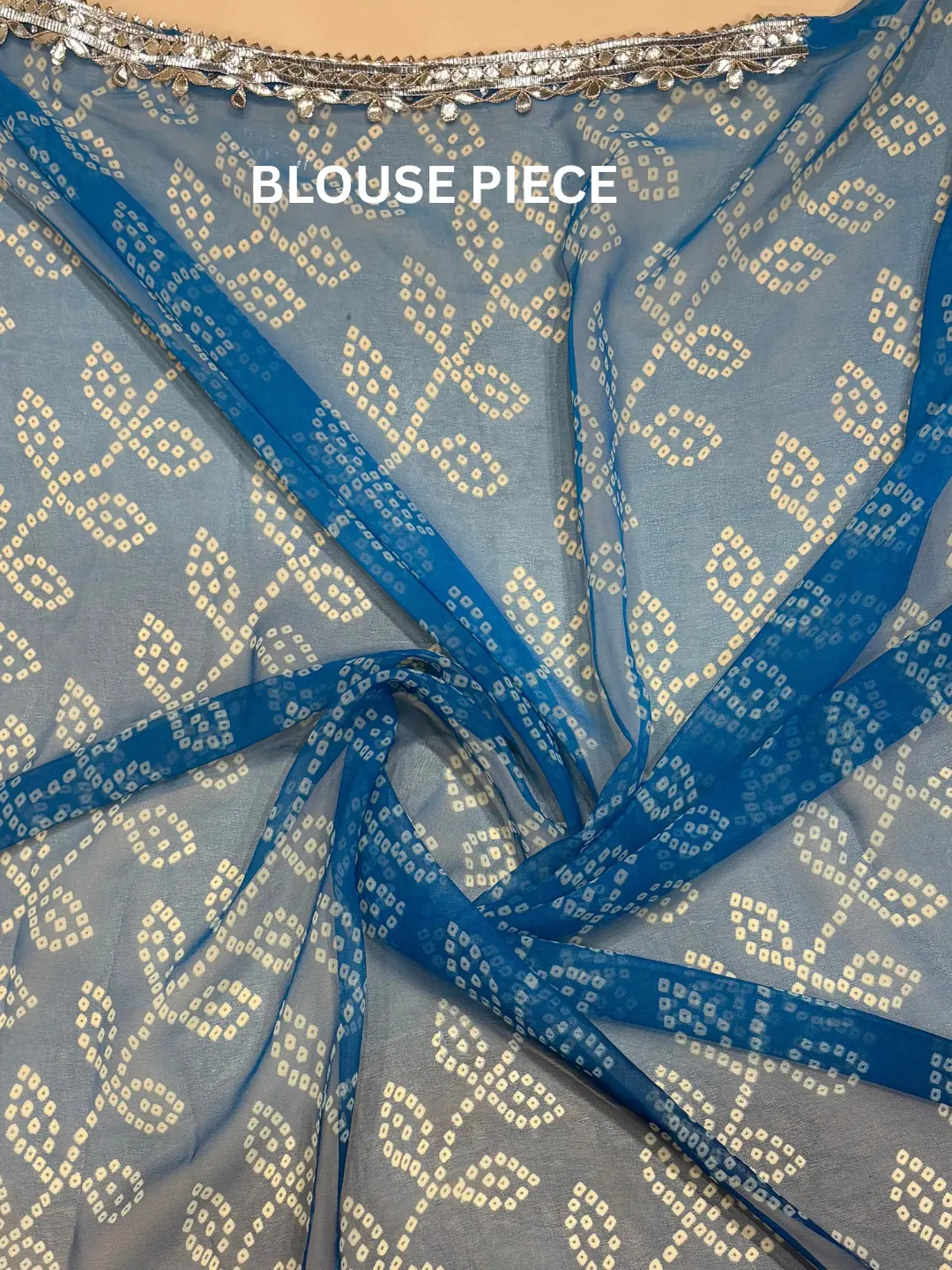  Blue Bandhani Style Georgette Saree With Silver Border Front view