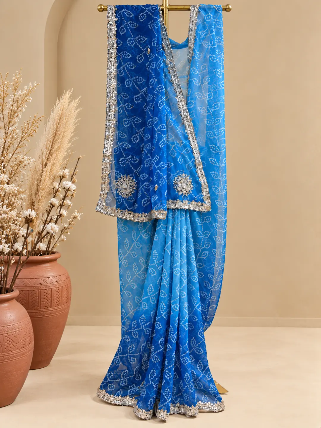 Blue Bandhani Style Georgette Saree With Silver Border