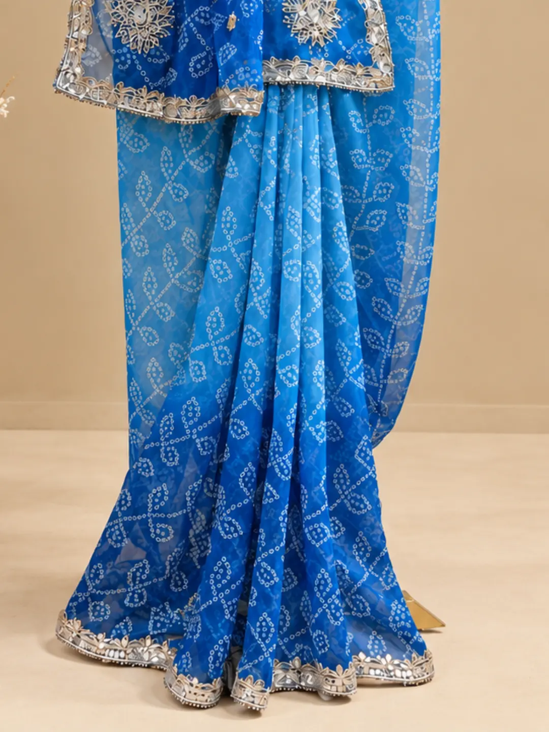  Blue Bandhani Style Georgette Saree With Silver Border Front view