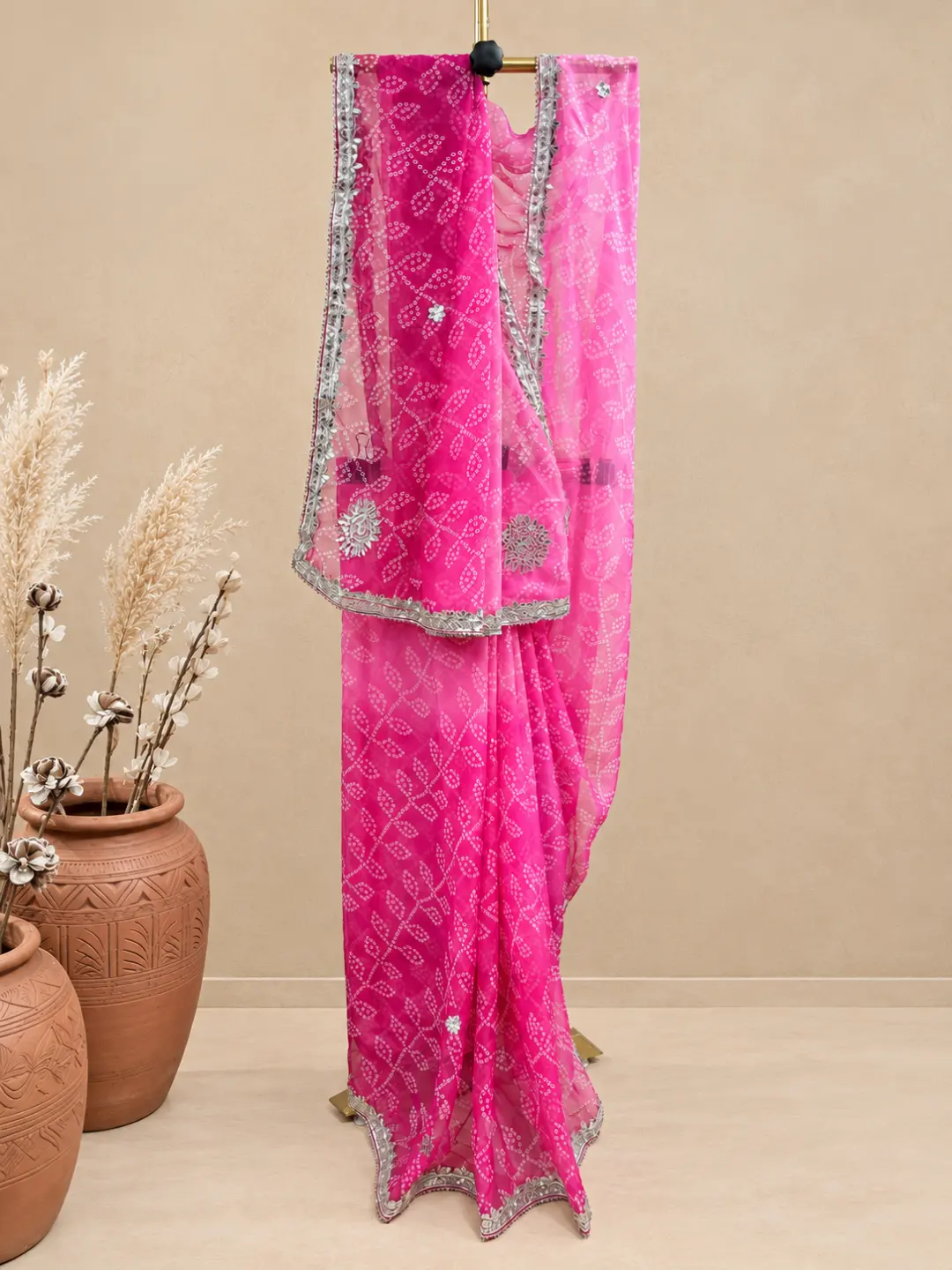 Pink Bandhej Georgette Saree With Gotta Patti Work