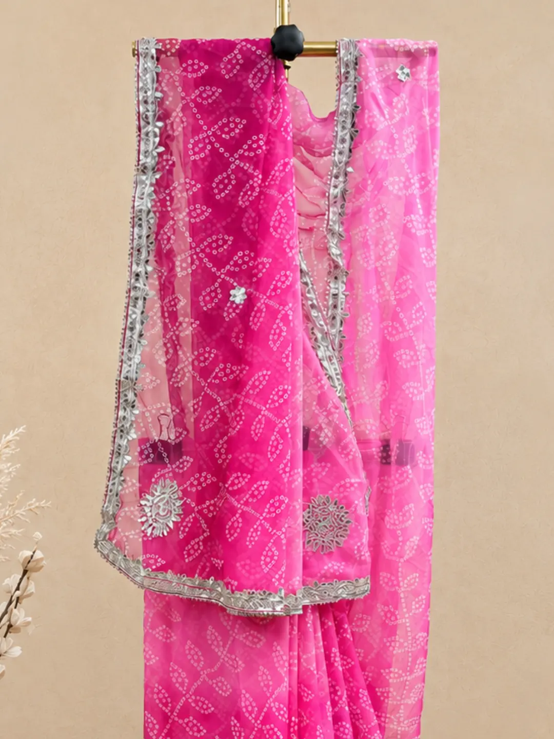  Pink Bandhej Georgette Saree With Gotta Patti Work Front view
