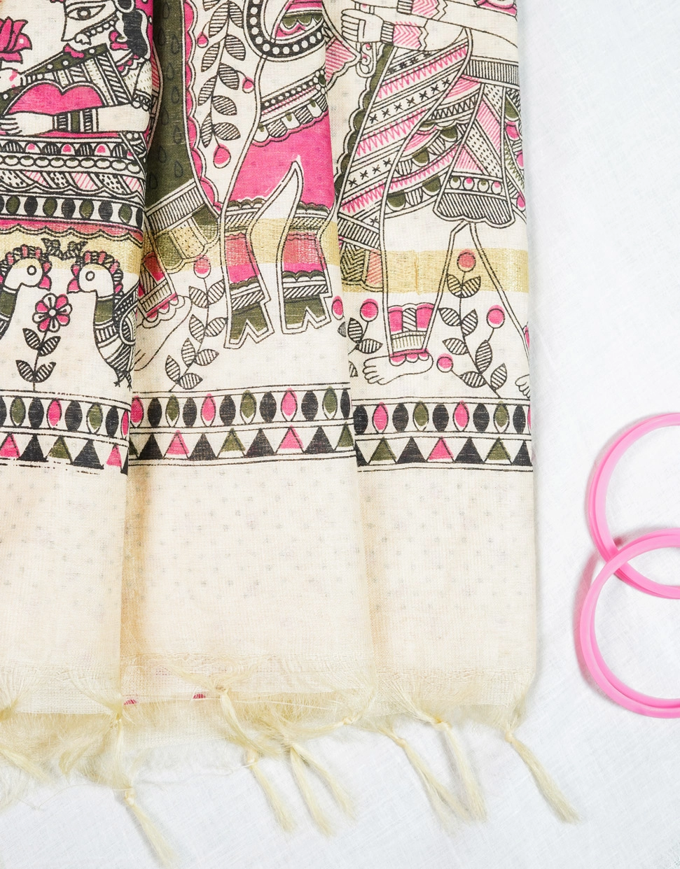 Off White Polka And Madhubani Fusion Soft Silk Saree - View 3