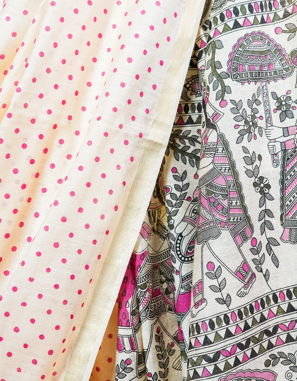 Off White Polka And Madhubani Fusion Soft Silk Saree - View 4