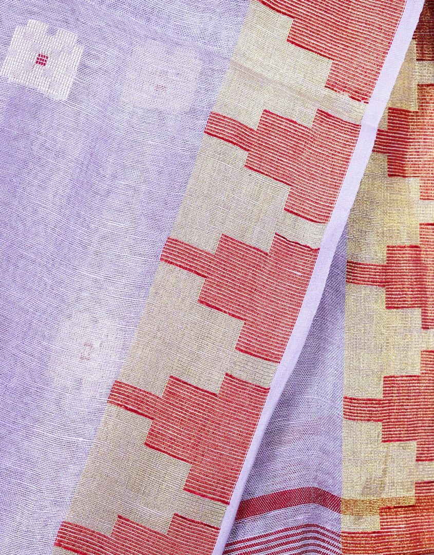 Lavender Handwoven Linen Zari Saree With Geometric Border And Striped Pallu - View 4