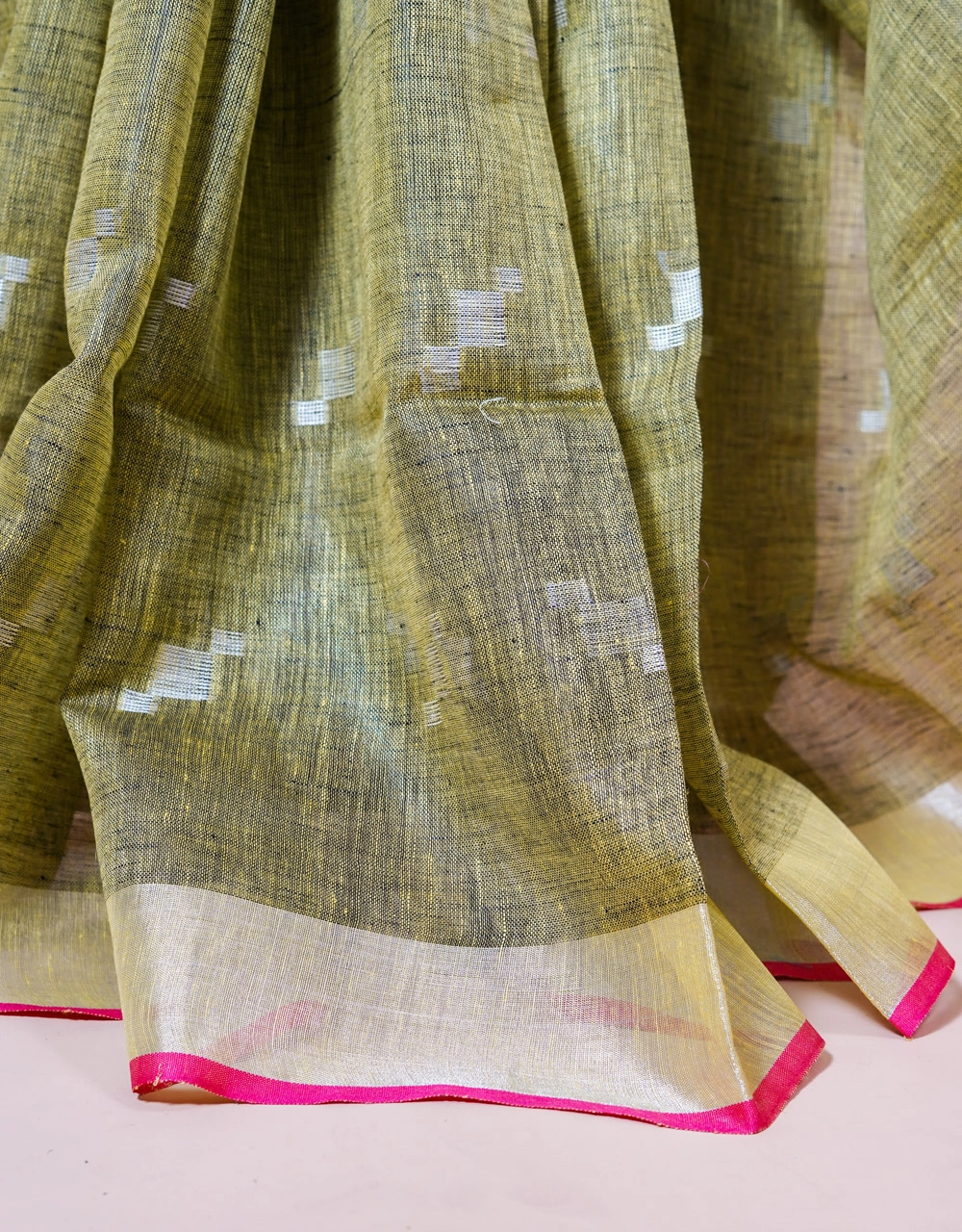 Green Olive Handwoven Linen Saree With Silver Zari Border And Tassel Accents - View 5