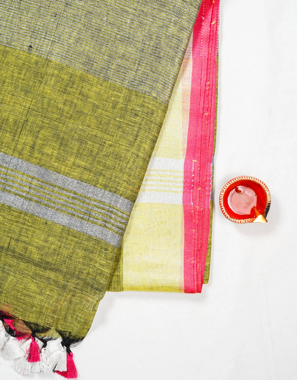 Green Olive Handwoven Linen Saree With Silver Zari Border And Tassel Accents - View 3