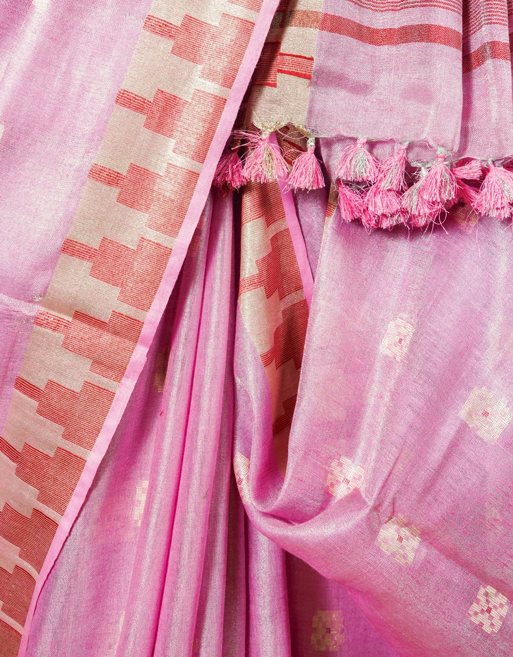 Lavender Handwoven Linen Saree With Zari Stripes And Playful Tassels - View 4