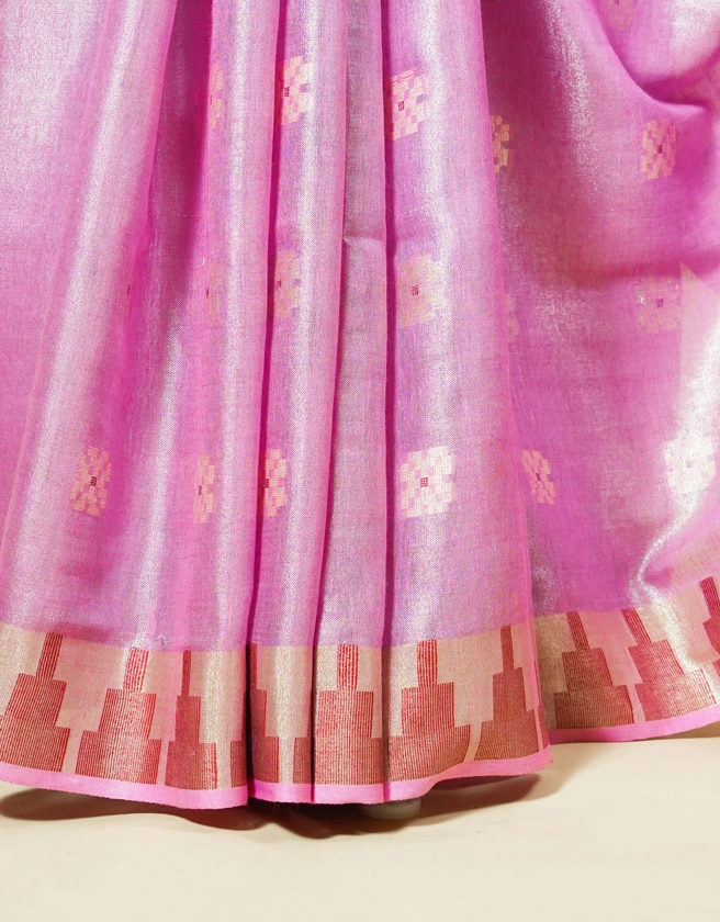 Lavender Handwoven Linen Saree With Zari Stripes And Playful Tassels - View 5