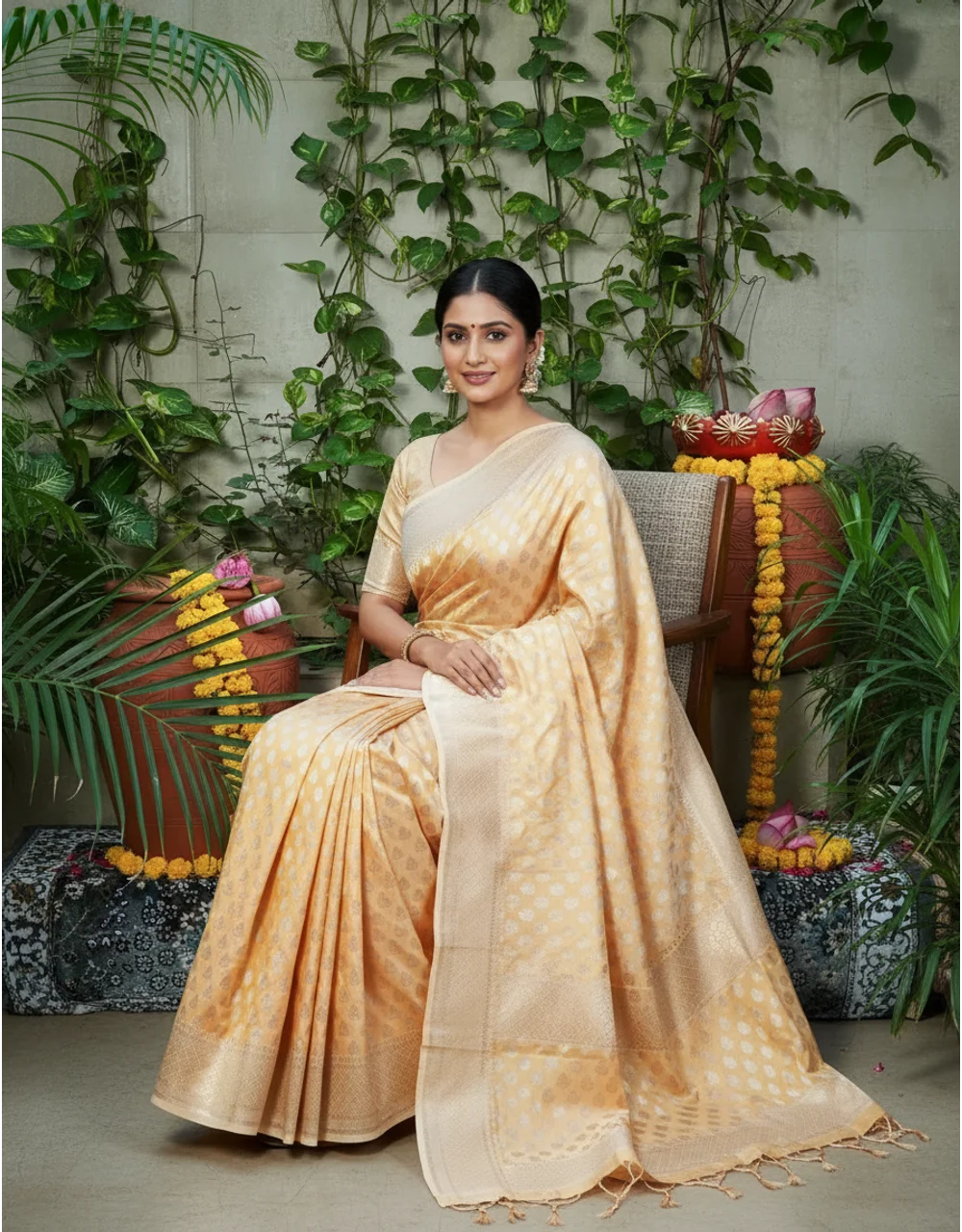Hovered view of Orange Golden Pure Katan Silk Banarasi Saree