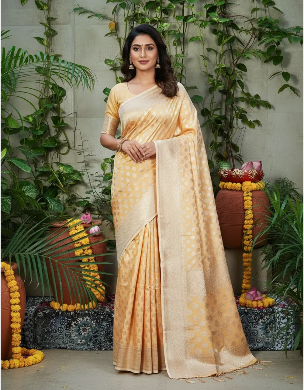 Orange Golden Pure Katan Silk Banarasi Saree