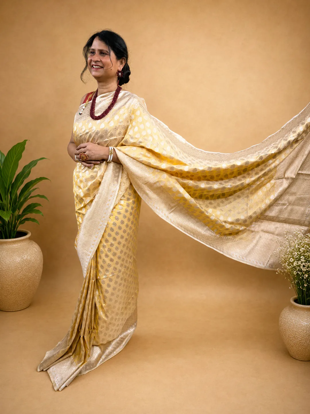 Orange Golden Pure Katan Silk Banarasi Saree front view