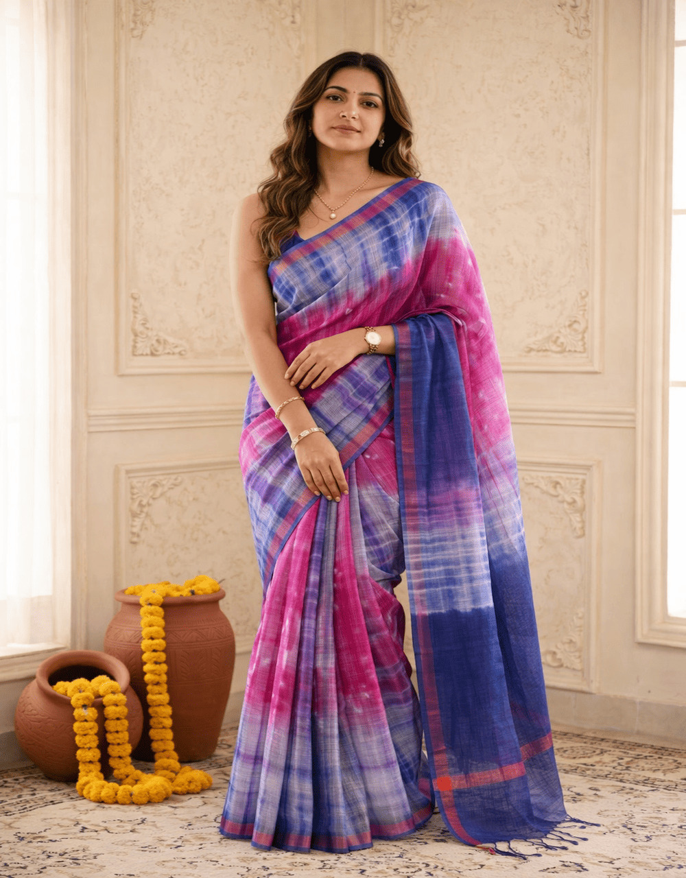 Pink And Blue Kota Bandhni Printed Saree - View 3