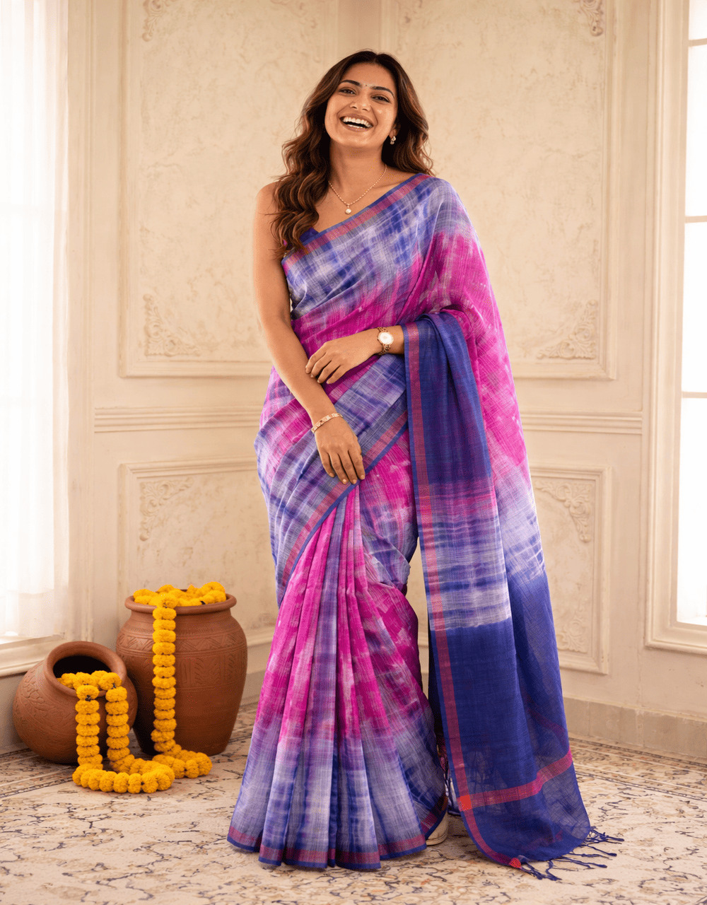 Hovered view of Pink And Blue Kota Bandhni Printed Saree