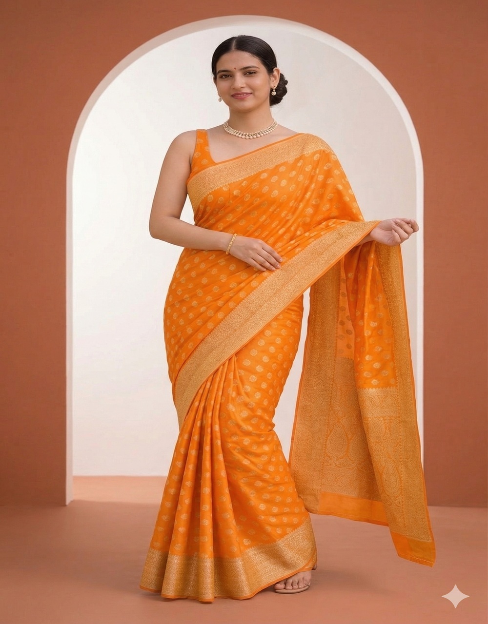 Hovered view of Orange Cotton Saree With Round Booti And Traditional Border