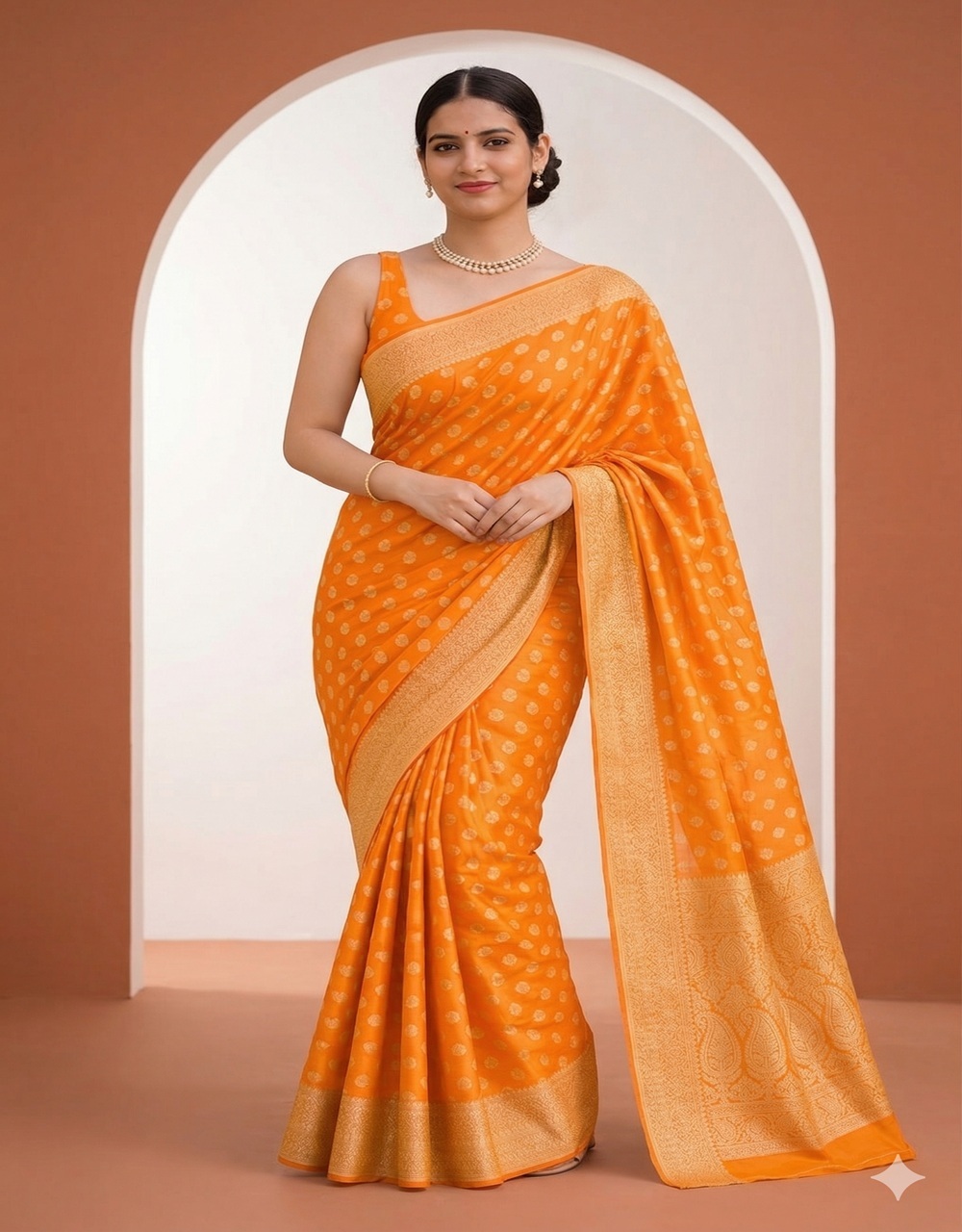 Orange Cotton Saree With Round Booti And Traditional Border