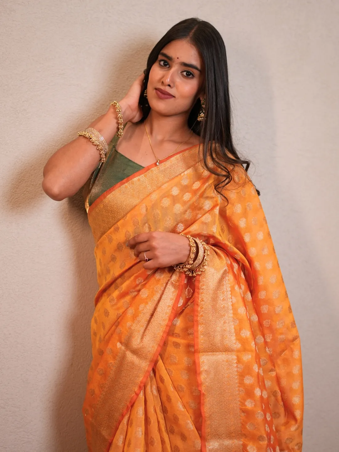 Orange Cotton Saree With Round Booti And Traditional Border