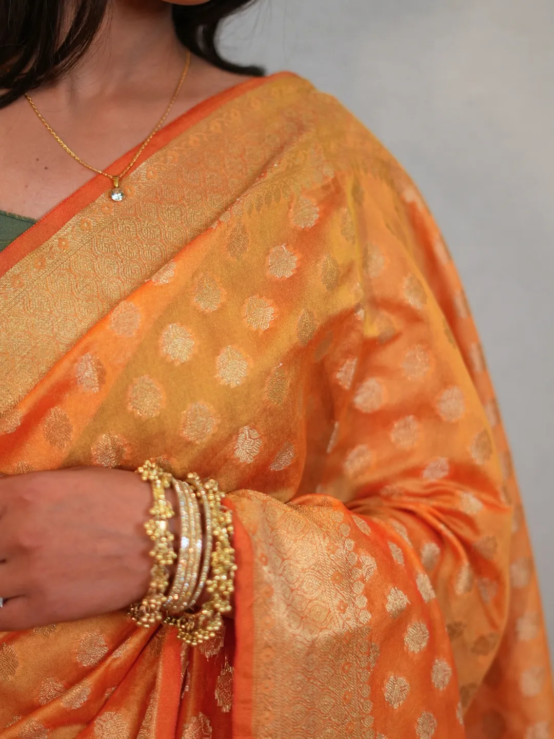 Orange Cotton Saree With Round Booti And Traditional Border front view