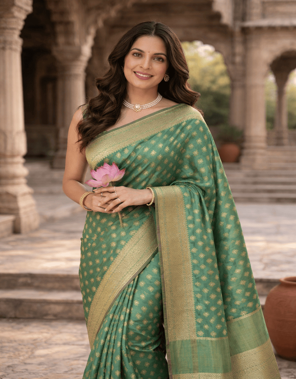 Hovered view of Green Emerald Glow Cotton Zari Saree With Round Booti And Traditional Border