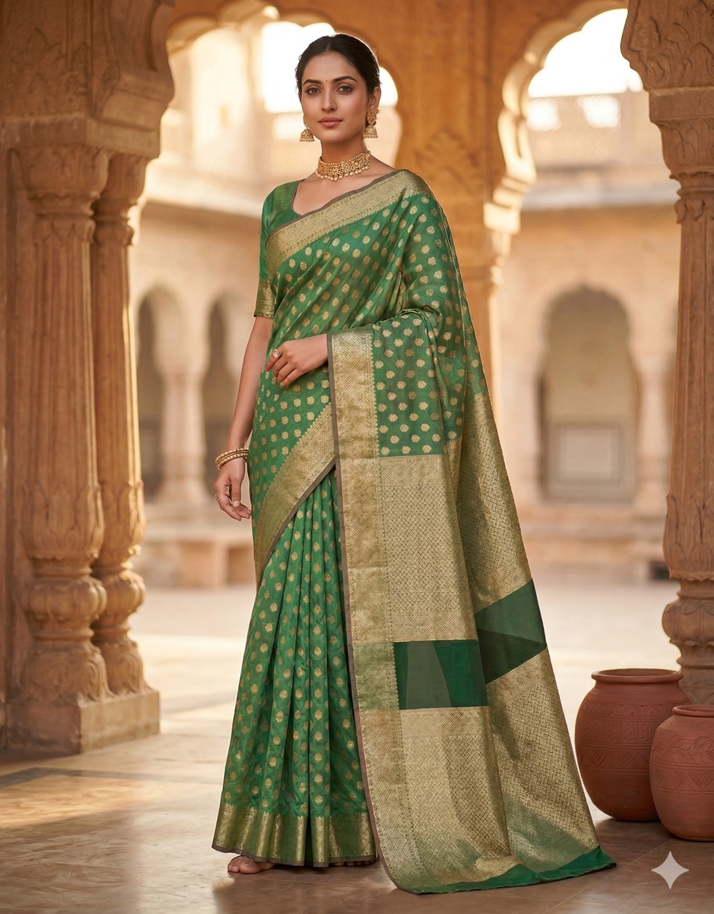 Green Emerald Glow Cotton Zari Saree With Round Booti And Traditional Border