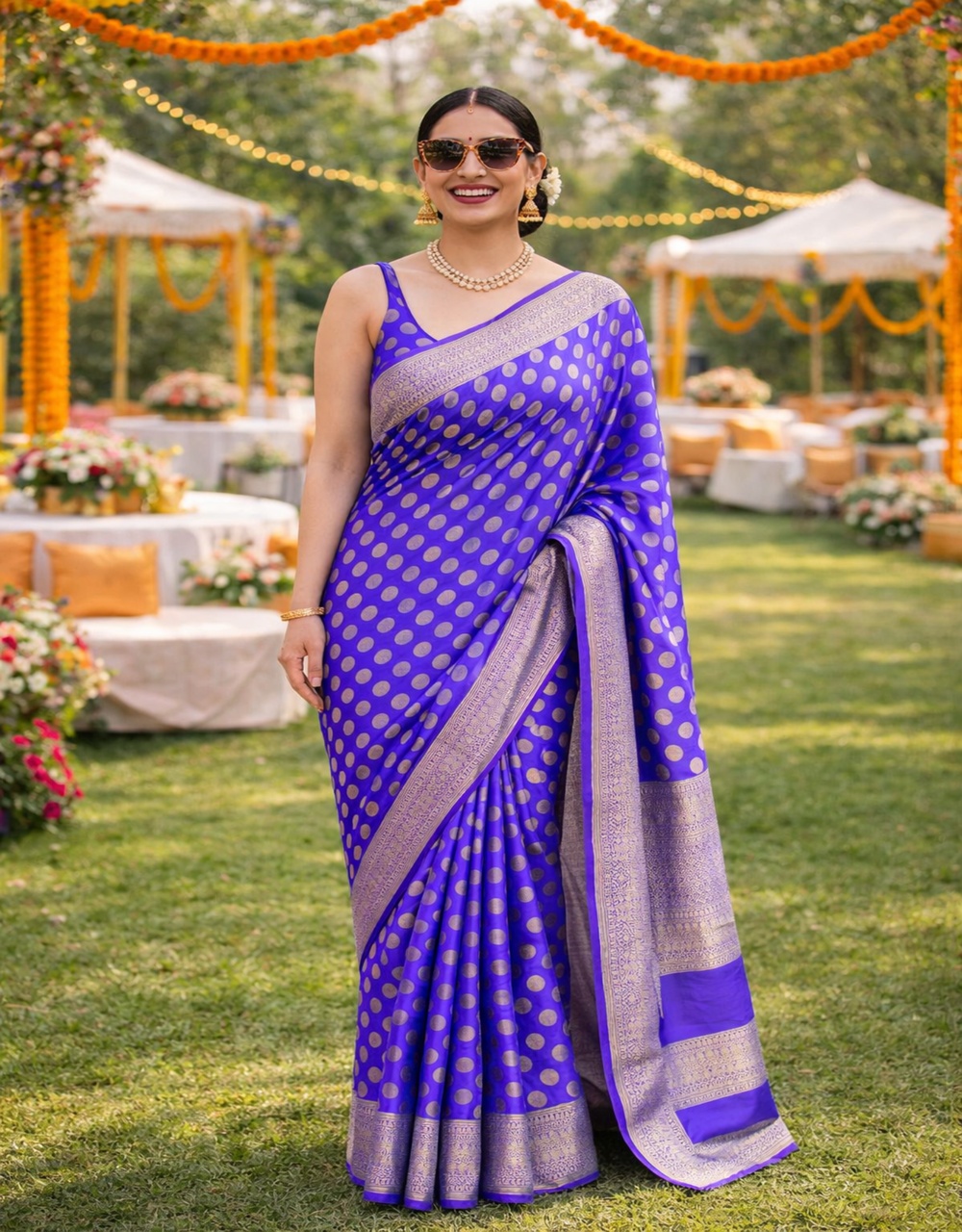 Hovered view of Blue Royal Azure Cotton Zari Saree With All Over Booti And Traditional Border