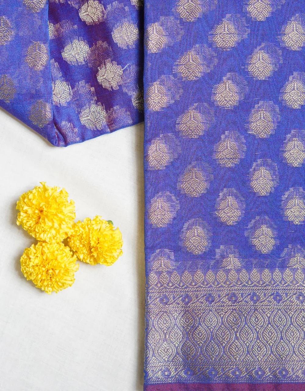 Blue Royal Azure Cotton Zari Saree With All Over Booti And Traditional Border - View 3