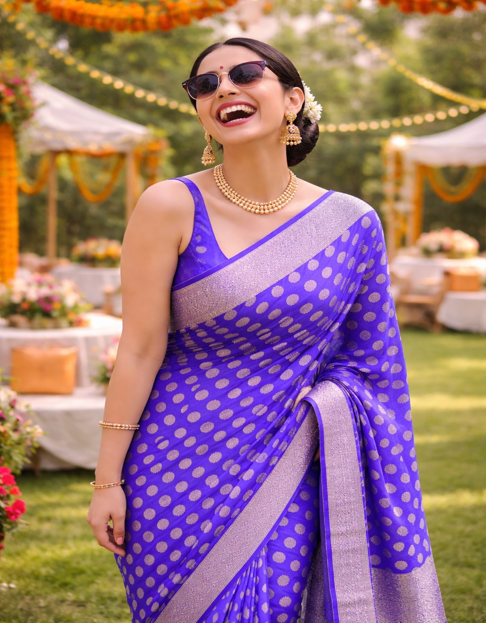 Blue Royal Azure Cotton Zari Saree With All Over Booti And Traditional Border