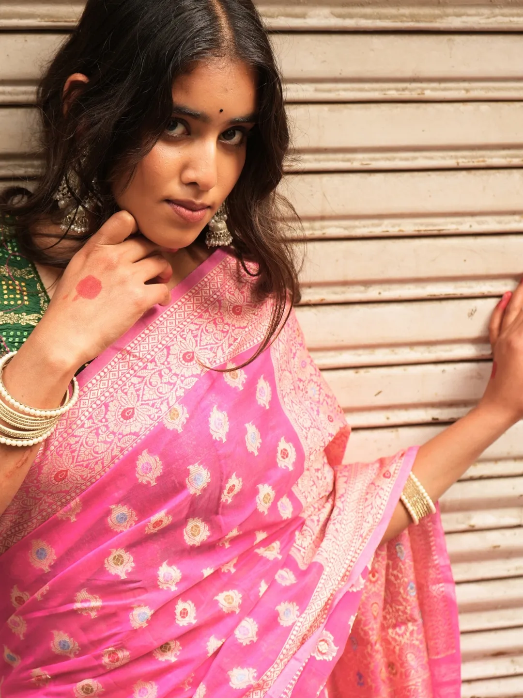 Pink Buta Multicolor Silver Zari Banarasi Cotton Silk Saree front view