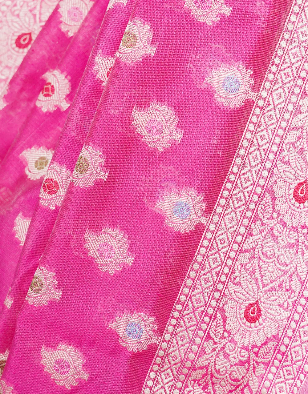 Pink Buta Multicolor Silver Zari Banarasi Cotton Silk Saree - View 3