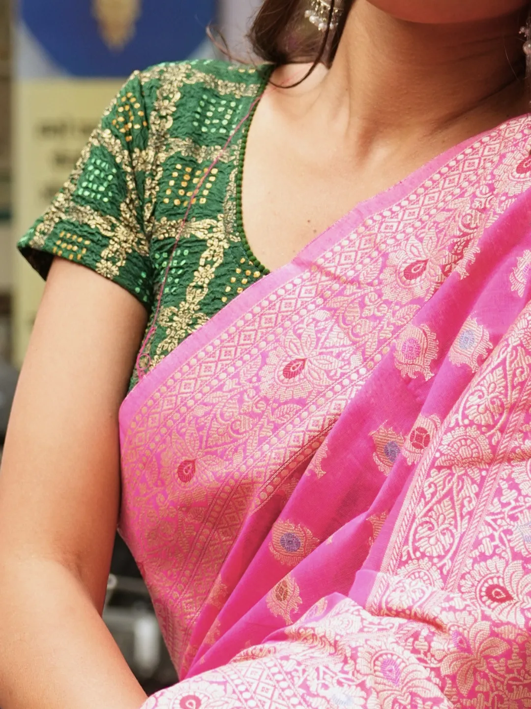 Pink Buta Multicolor Silver Zari Banarasi Cotton Silk Saree front view