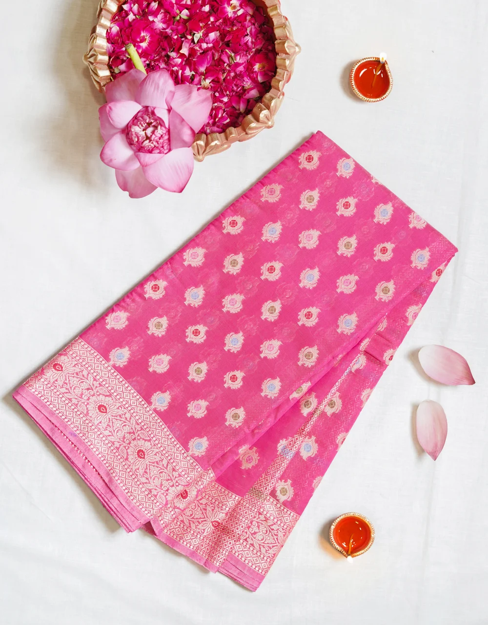 Pink Buta Multicolor Silver Zari Banarasi Cotton Silk Saree - View 8